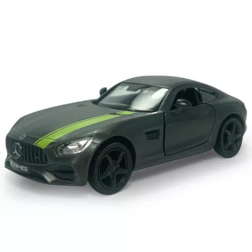 Diecast model car, dark gray coupe with lime green racing stripe, pull-back toy