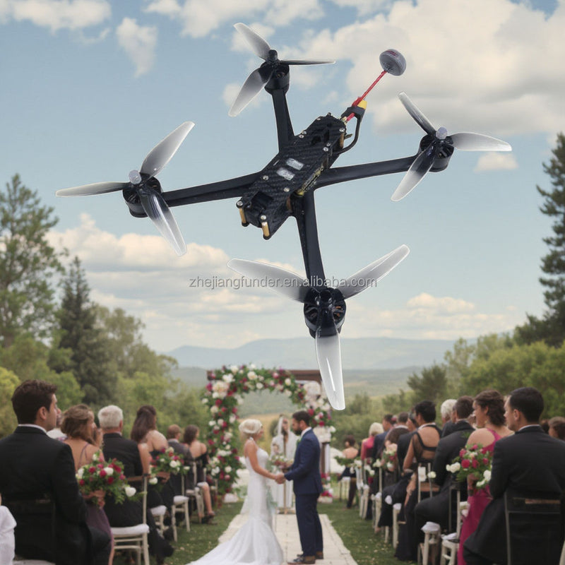 Carbon fiber quadcopter UAV drone with four spinning propellers