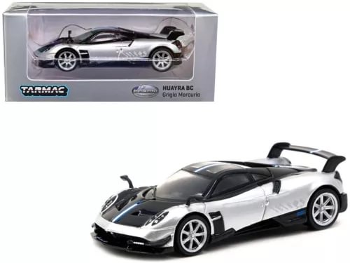 Tarmac Works diecast model car, silver Pagani Huayra BC with black aero details, 1/64 scale
