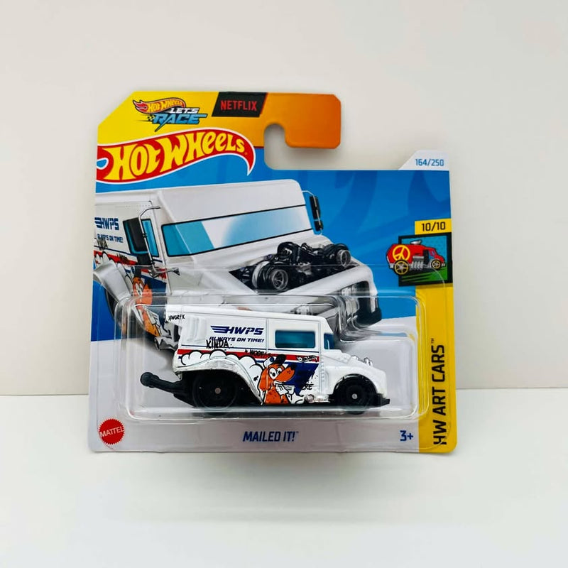 White and black diecast delivery truck on Hot Wheels card, 'MAILED IT' branding