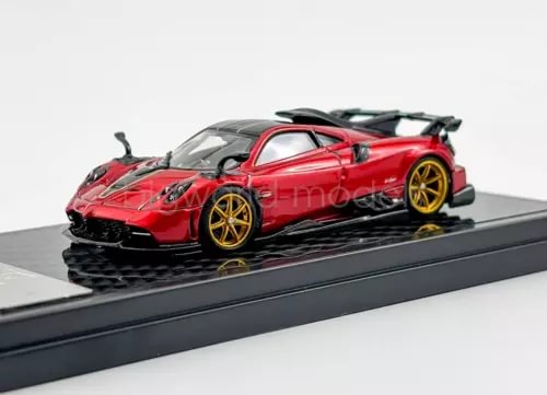 1:64 scale diecast sports car, red with black details and gold wheels