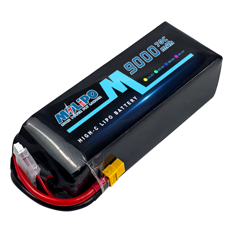 LiPo UAV battery pack, black with blue label, yellow connector and red/black leads