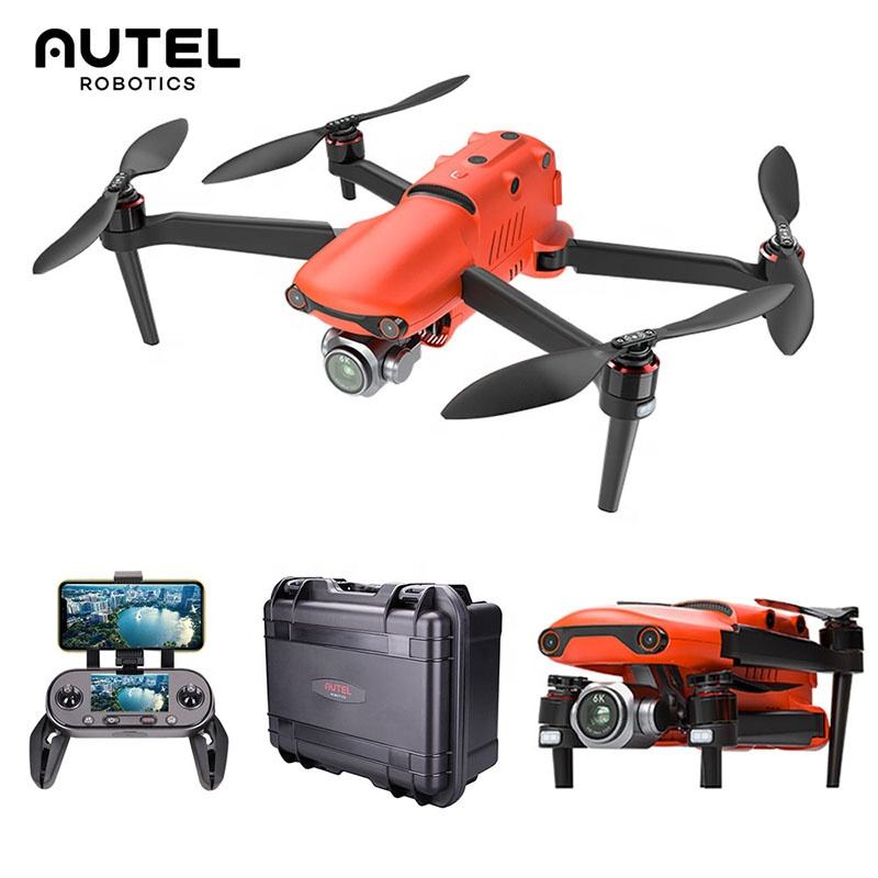 Rugged orange quadcopter drone bundle with remote, carrying case, and camera detail