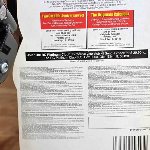 Diecast car packaging insert with driver signature and barcode label