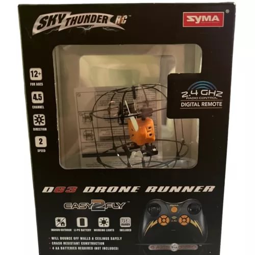 RC drone runner box with orange drone and 2.4GHz digital remote