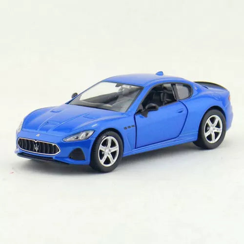 Blue Maserati GranTurismo MC diecast model car, 3/4 front view with silver wheels