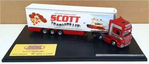 Red and white Scania fridge trailer diecast model on display base