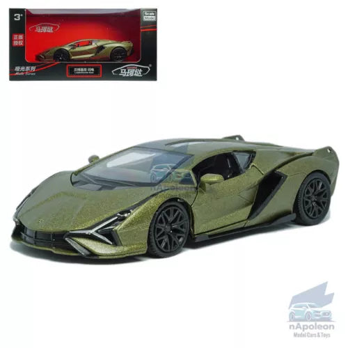 1:36 Lamborghini Sian matte green diecast model car with black wheels, angled view