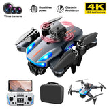Foldable quadcopter drone with camera, obstacle sensors, and three front lenses