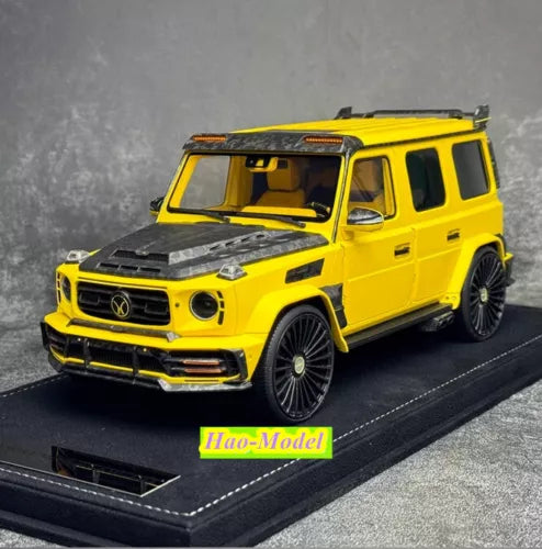 1:18 Mercedes AMG G63 resin diecast model car in yellow, black grille and wheels