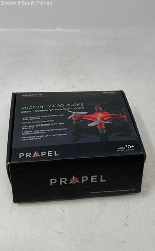 Propel Proton micro drone box packaging, black with red quadcopter graphic