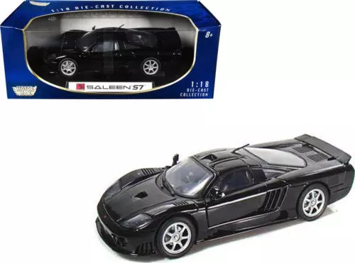 Black Saleen S7 1:18 diecast model sports car with silver wheels, front 3/4 view