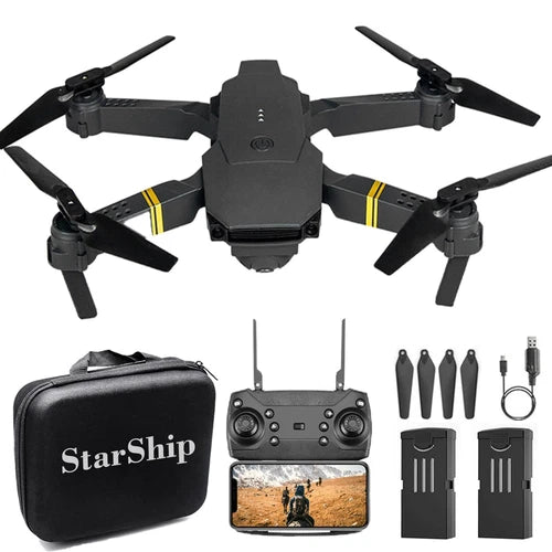 4K drone with foldable arms, controller, spare batteries, and propellers kit