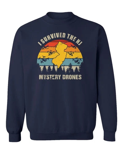 Navy unisex crewneck sweatshirt with front graphic of mystery drones and map