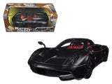 Matt black diecast model car with red interior, side view, 1:24 scale