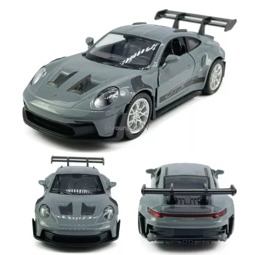 Gray diecast Porsche 911 GT3 RSR model car toy with front, rear, and top views