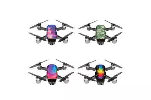 Set of 4 drone skins for DJI Spark, featuring colorful camo and gradient patterns.