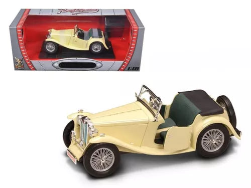 Yellow 1:18 diecast roadster model car with open top and wire wheels