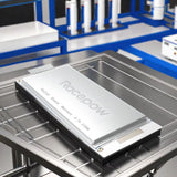 Silver LiPo battery pack with metal casing and terminal connectors