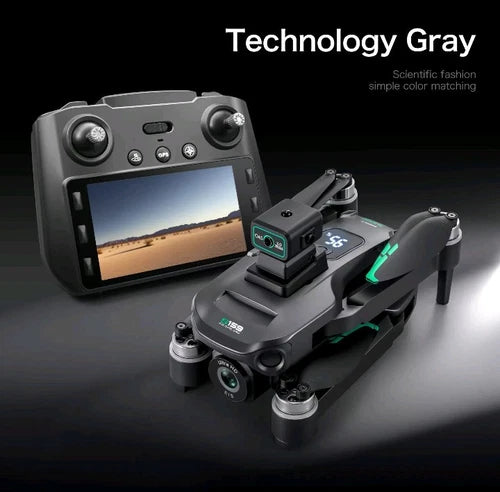 Gray RC drone with LCD controller and built-in camera