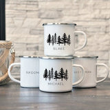 Ceramic coffee mug set with tree graphics and personalized text
