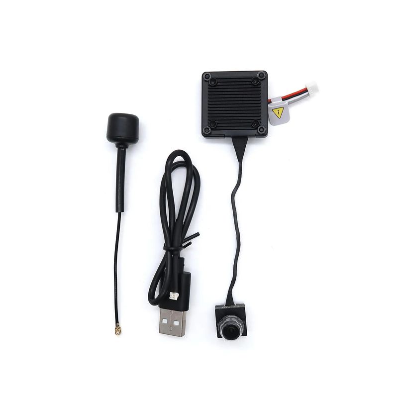 FPV video transmitter kit with camera, antenna, and connecting cables