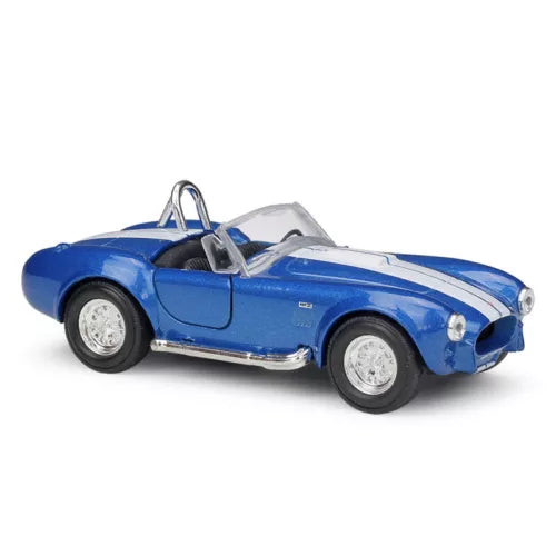 Blue diecast sports car model with white stripes, open-top, front three-quarter view