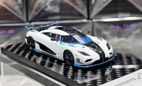 1:64 white and blue racing sports car diecast model with black grille and hood vents