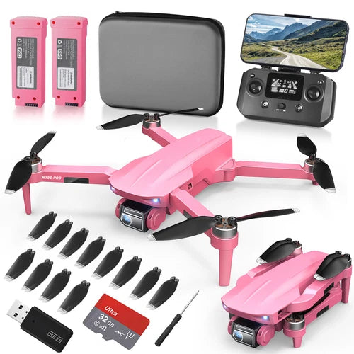Pink quadcopter drone kit with controller screen, spare batteries, and propellers