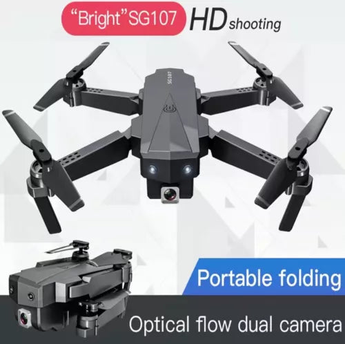 Foldable quadcopter drone with four propellers and front camera module, gray body