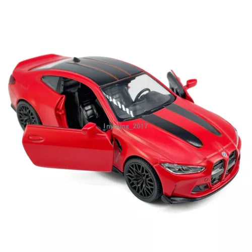 Red BMW M4 CSL diecast model car toy, front 3/4 view with open door