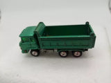 Green tandem dump truck diecast model, dump bed lifted, 1/102 scale