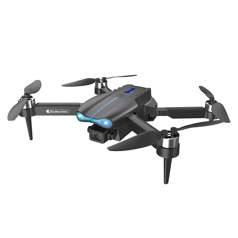 RC quadcopter drone with front camera, four propellers and landing legs