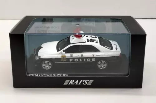 Police taxi die-cast model car in display box with white and black livery