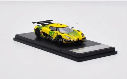 1/64 scale KOENIGSEGG diecast car model toy on black base, yellow/black racing