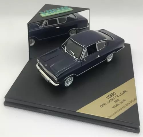 1:43 diecast Opel Kadett coupe 1966 model car in dark blue with display base