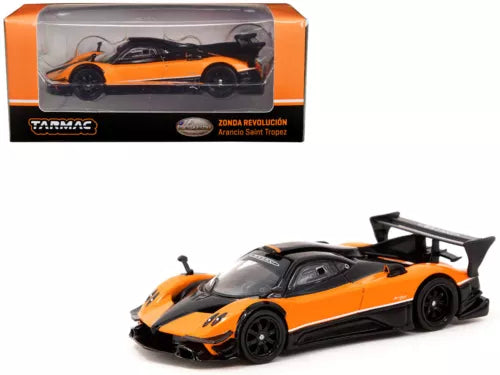 Orange and black diecast model car with rear spoiler, front three-quarter view