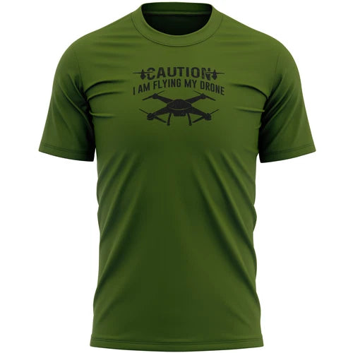 Men's olive green T-shirt with drone graphic and 'Caution' text
