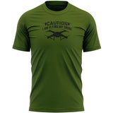 Men's olive green T-shirt with drone graphic and 'Caution' text