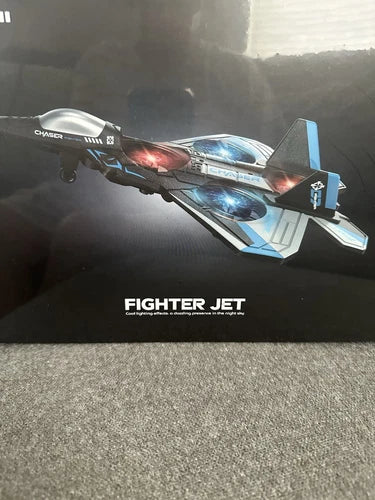 RC fighter jet toy plane with LED lights, blue and black, front view