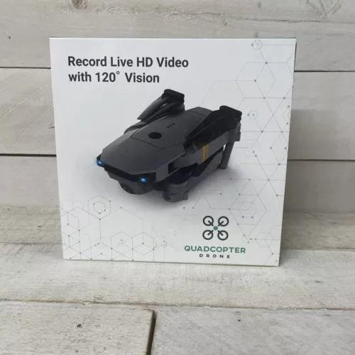 Quadcopter drone retail box, black drone illustration and 120° vision text