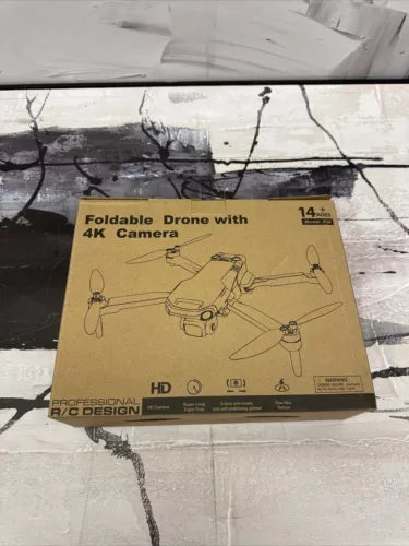 Foldable 4K camera drone retail box with drone diagrams and features