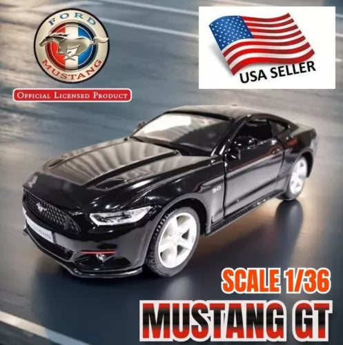 Black diecast Mustang GT model car, 1:36 scale, front three-quarter view