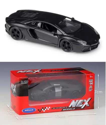 Black alloy diecast sports car model with low-profile body, side view