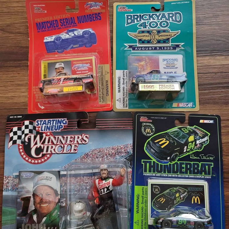NASCAR diecast car 4-pack in blister packaging, colorful race-car cards