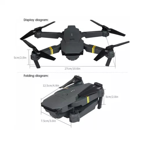 Foldable quadcopter drone with camera, dark gray body and four rotating propellers