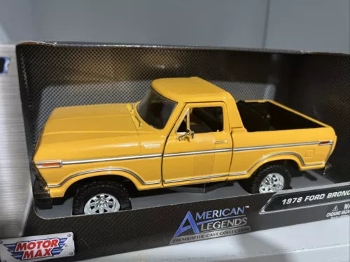 Yellow 1978 Ford Bronco 1:24 diecast pickup truck, side profile in box