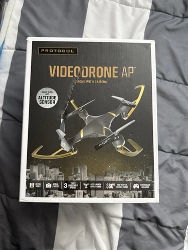 Protocol video drone AP Drone retail box with quadcopter graphics and feature icons