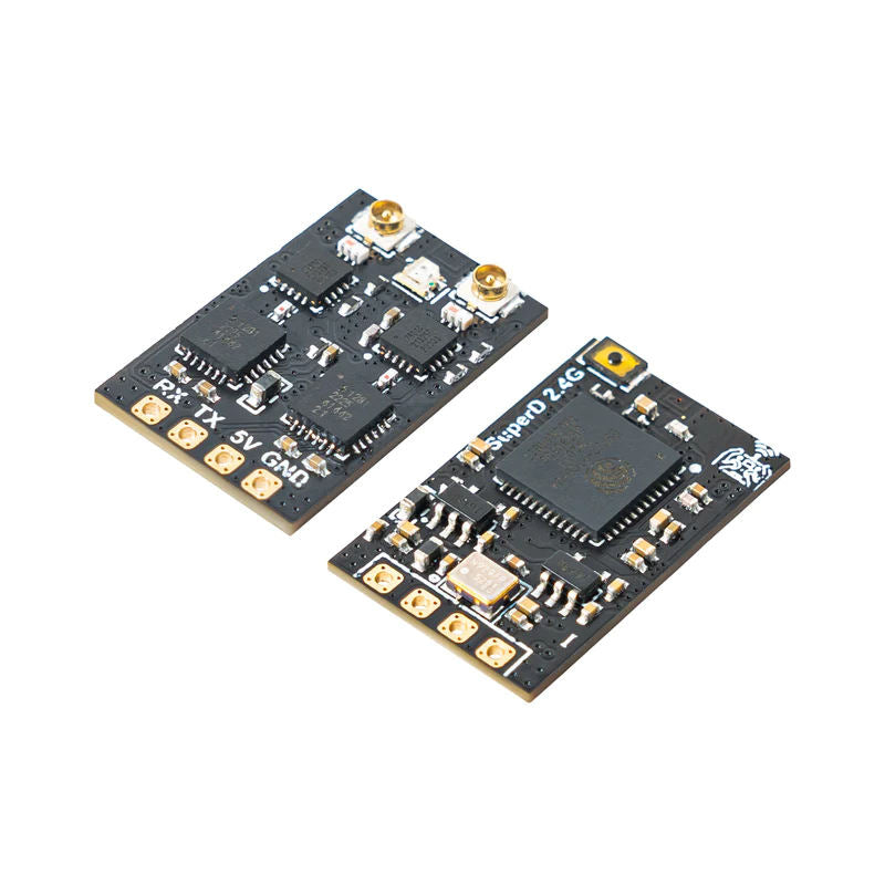 Drone receiver PCB module, black circuit board with gold components and connectors