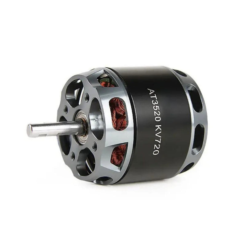 Brushless drone motor with long shaft, black housing and silver end plate, AT3520 kV